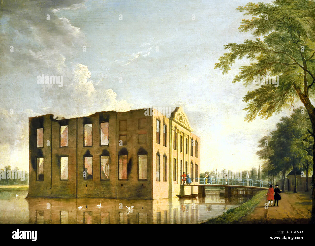 Il castello Berkenrode Heemstede dopo l'incendio 1747 Jan dieci Compe (1713-1761) Olandese Paesi Bassi ( vista laterale della casa Berkenrode Heemstede dopo l'incendio1747 formata durante l'illuminazione in onore della proclamazione di Guglielmo IV come governatore. Sul ponte e strada solo walkers ) Paesi Bassi Paesi Bassi Foto Stock