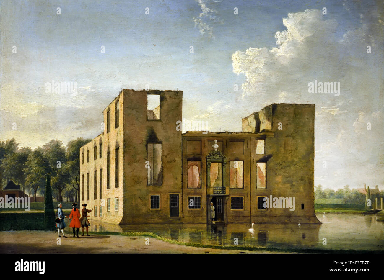 Il castello Berkenrode Heemstede dopo l'incendio 1747 Jan dieci Compe (1713-1761) Olandese Paesi Bassi ( vista laterale della casa Berkenrode Heemstede dopo l'incendio1747 formata durante l'illuminazione in onore della proclamazione di Guglielmo IV come governatore. Sul ponte e strada solo walkers ) Paesi Bassi Paesi Bassi Foto Stock