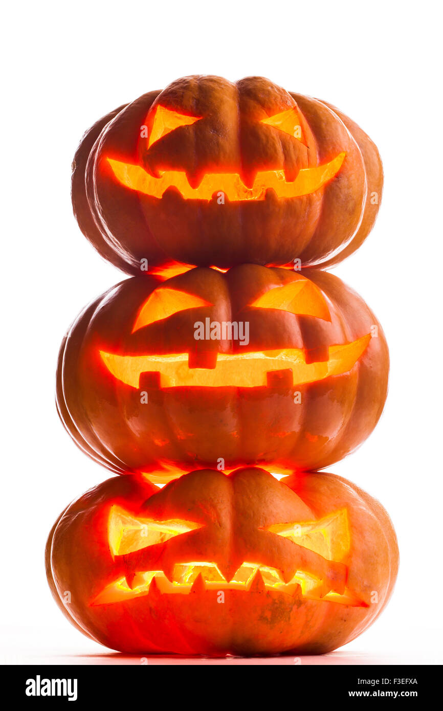 Scary zucche di Halloween Jack O lanterne Foto Stock