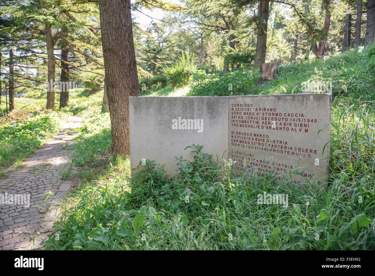 Trieste San giusto Hill Memory Park, vista dei monumenti in pietra nel Parco della memoria (Parco della Rimembranza) sul Colle San giusto a Trieste. Foto Stock