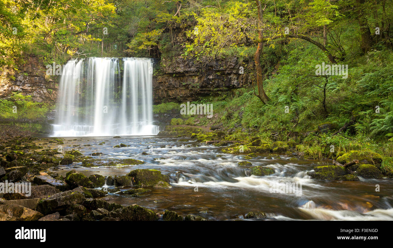 Sgwd yr Eira (cascate di neve) sul Fiume Hepste nel Parco Nazionale di Brecon Beacons. Foto Stock