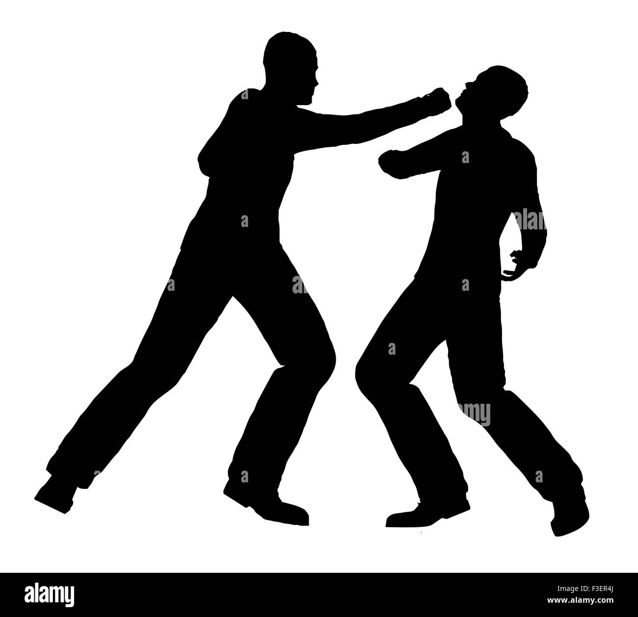 Silhouette di due uomini che si battono per uno sfondo bianco Foto Stock