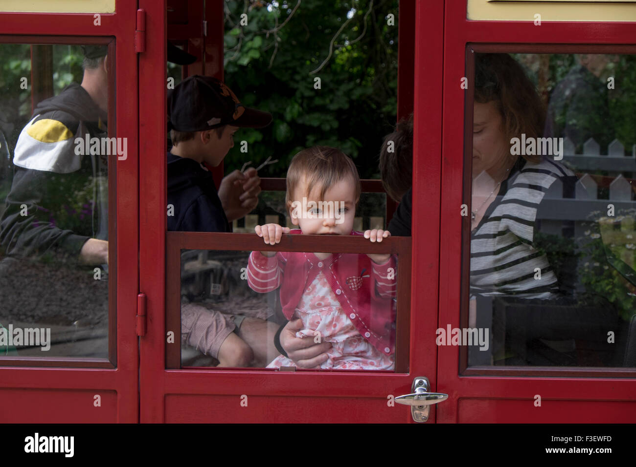 Famiglia su di un treno alla stazione ferroviaria Perrygrove e Treetop avventura, Coleford, Foresta di Dean, England, Regno Unito Foto Stock