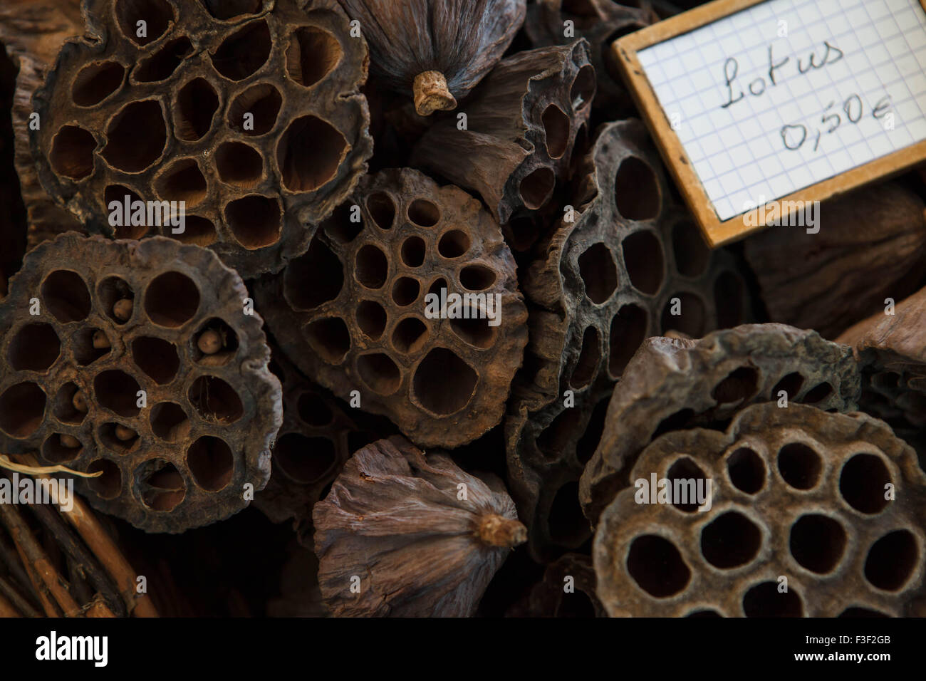 Scatola di essiccato lotus in vendita per 50 centesimi di euro Foto Stock