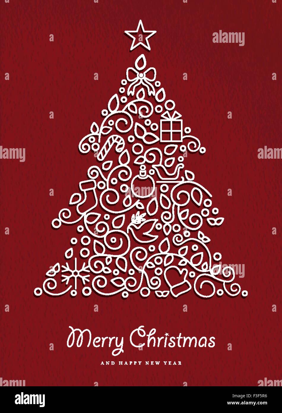 Buon Natale e felice anno nuovo pino realizzata in moderno stile di contorno con semplici ornamenti natalizi. Ideale per carta vacanze Illustrazione Vettoriale