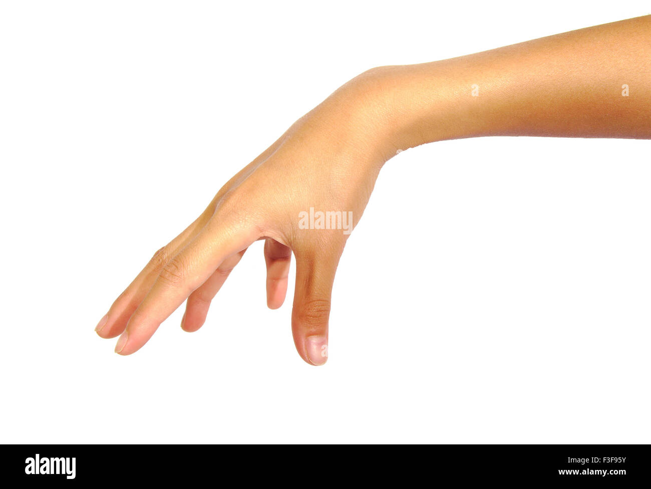 Posa a mano come raccogliere qualcosa di isolato su uno sfondo bianco Foto Stock