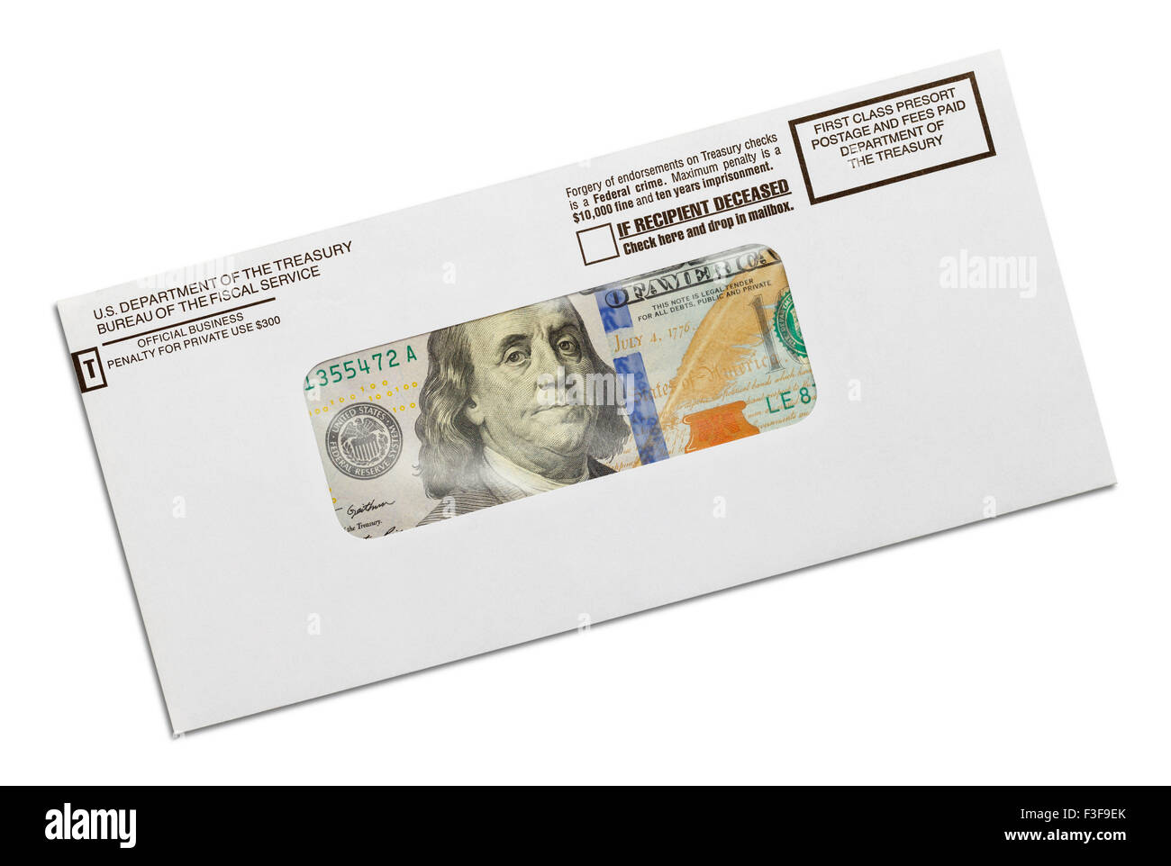 Dipartimento del Tesoro la busta con il denaro all'interno isolato su sfondo bianco. Foto Stock