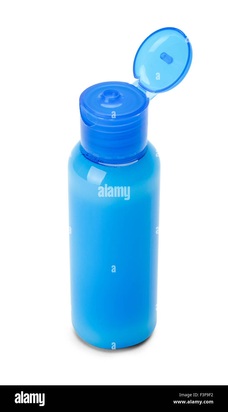 Full blu bottiglia di sapone con il coperchio aperto isolata su sfondo bianco. Foto Stock