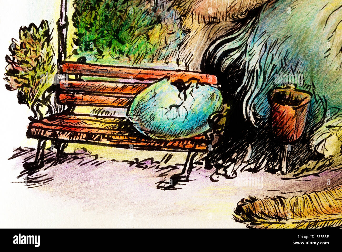 Illustrazione surrealista di uno sciamano di cova cercando di piacere un gigantesco parco degli uccelli, dettaglio di un uovo, banco e cestino, detaile Foto Stock