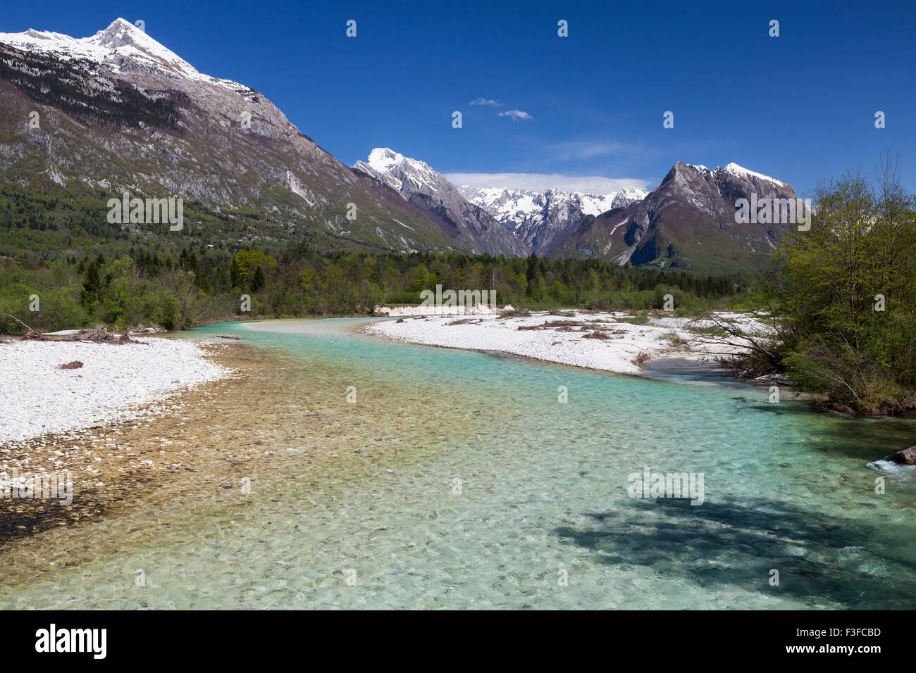 Isonzo o Isonzo, fiume di montagna con crystal clear, acque turchesi, Bovec, Kanin massiccio, sulle Alpi Giulie, Slovenia Foto Stock