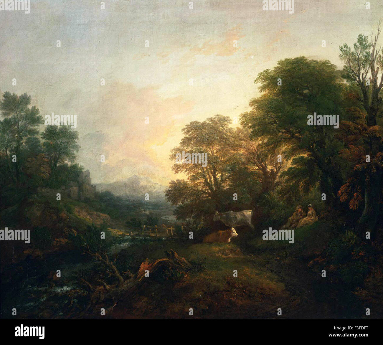 Thomas Gainsboroug - Paesaggio con gli amanti del rustico, due mucche e un uomo su un ponte distanti Foto Stock