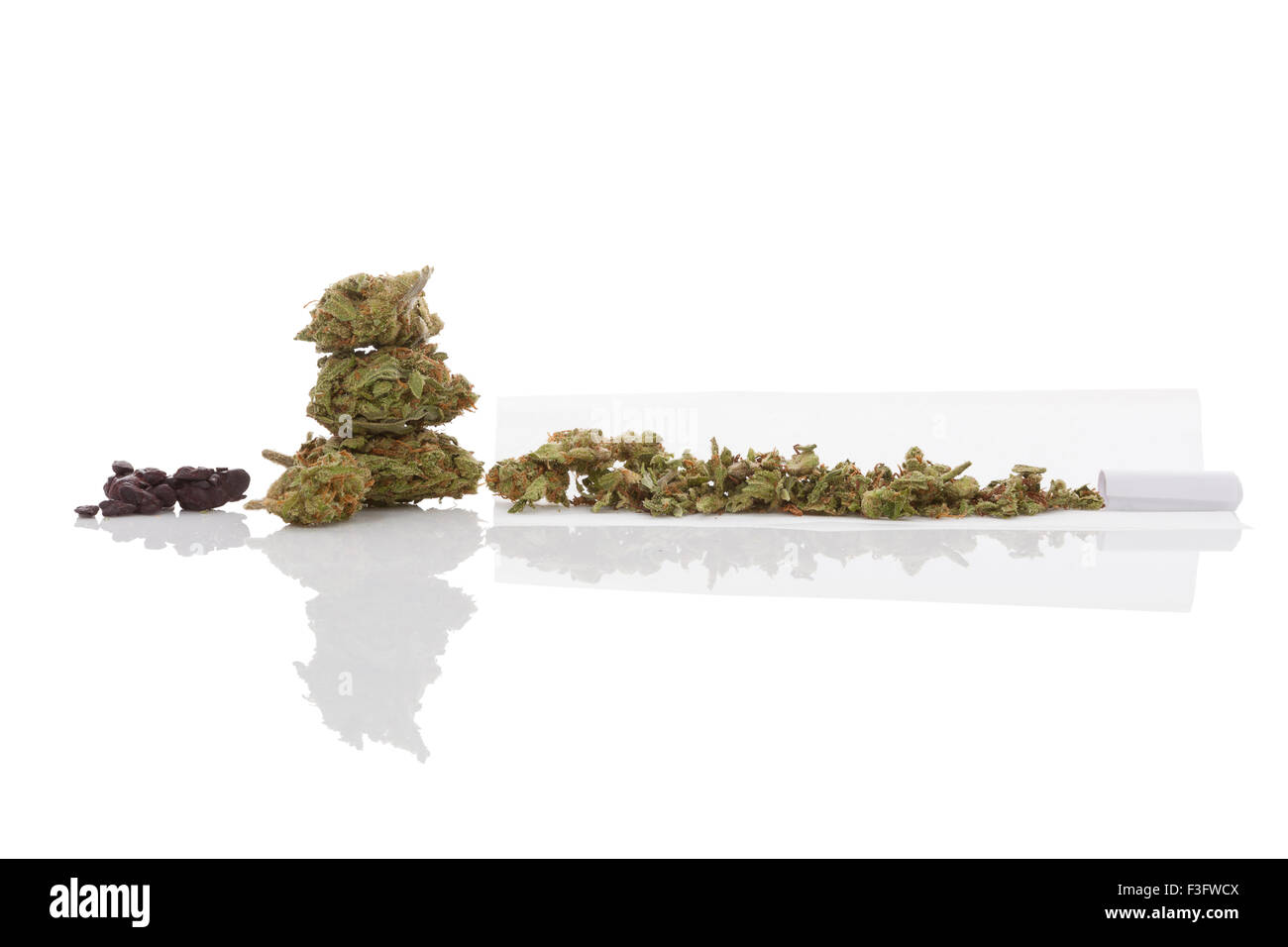 Fumare marijuana. Abuso di cannabis. Bocciolo di marijuana e hashish e laminati giunto isolato su sfondo bianco. Foto Stock