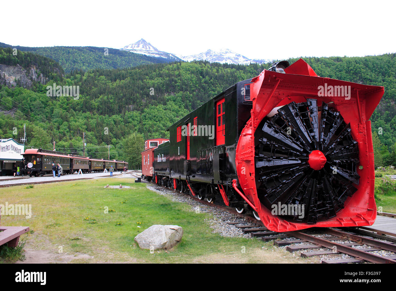 Motore ferroviarie ; bianca pass e Yukon route Narrow Gauge Railroad ; Skagway ; Alaska ; U.S.A. Foto Stock