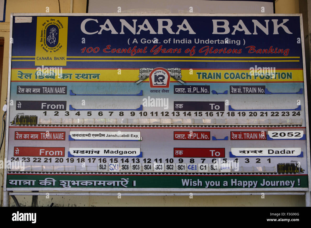 Segno bordo della posizione del treno ; stazione ferroviaria di Thivim piattaforma ; Konkan ferroviarie indiane ; Goa ; India Foto Stock