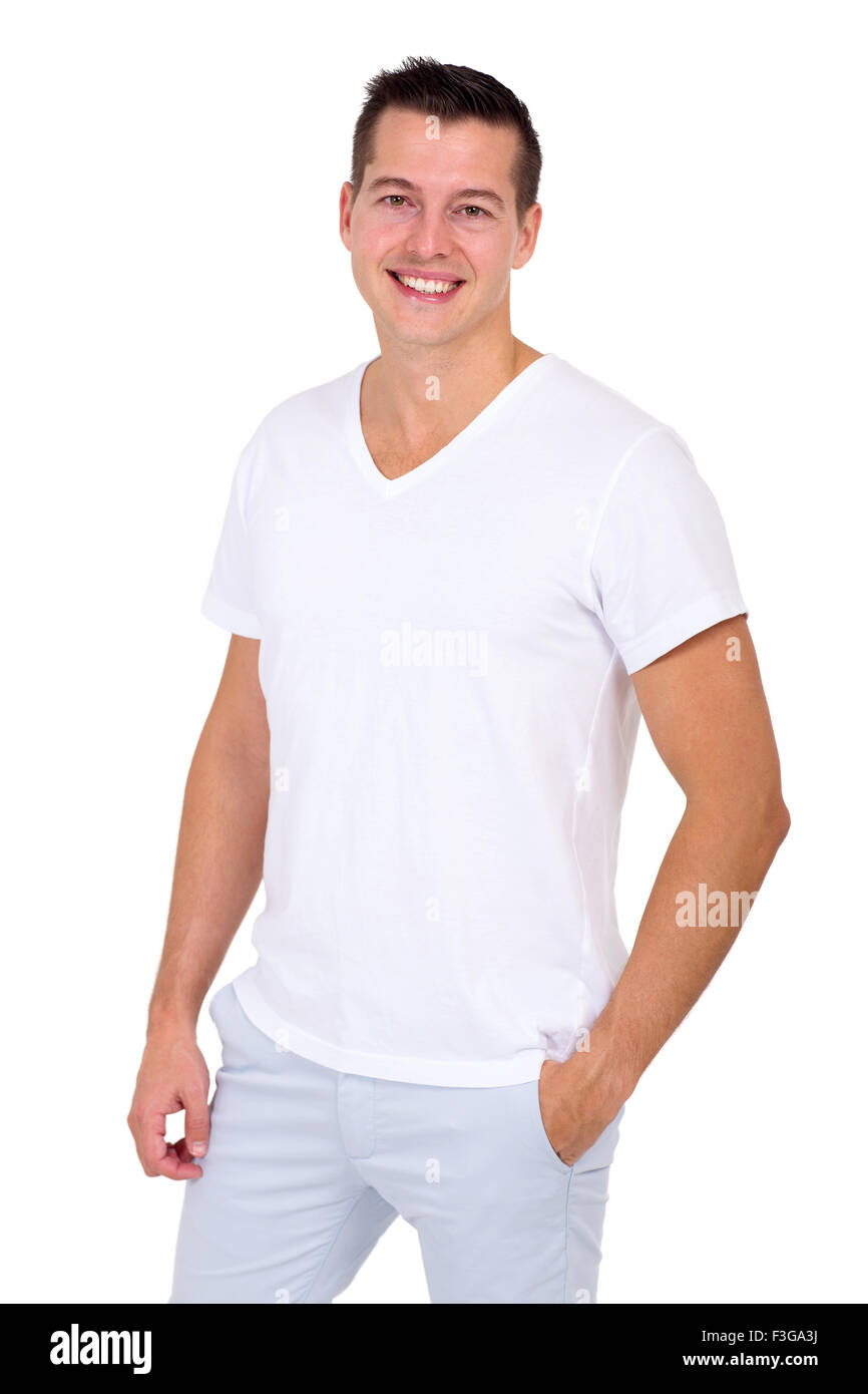 Ritratto di uomo sorridente in piedi su bianco Foto Stock