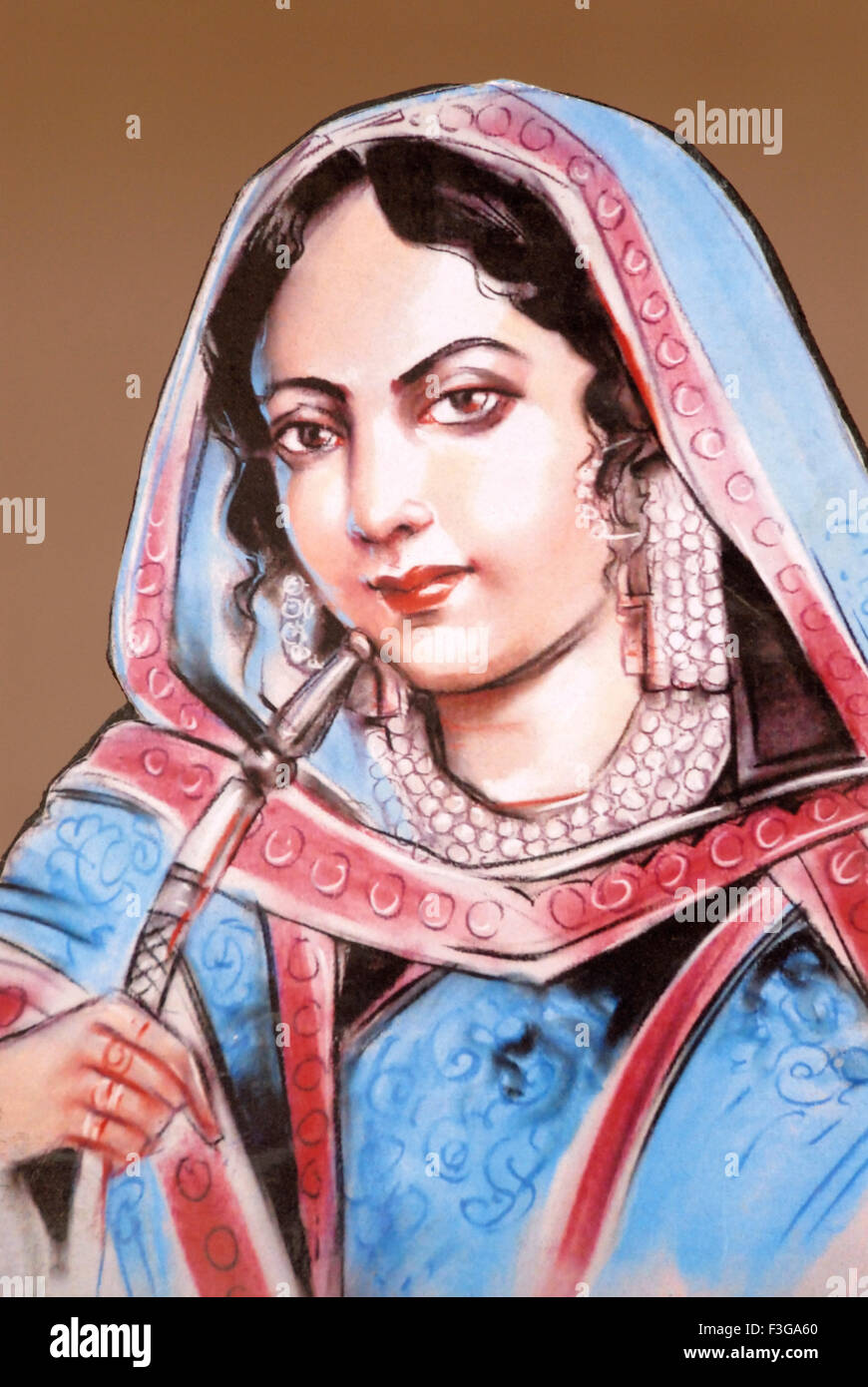 Begum Hazrat Mahal, moglie di Nawab Wajid Ali Shah, grande combattente per la libertà, prima guerra di indipendenza, Mutinismo indiano, ribellione indiana, India, 1857, vecchio dipinto d'epoca del 1800 Foto Stock