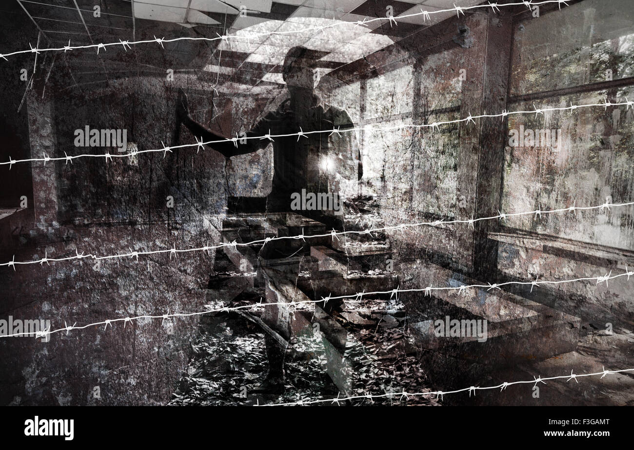 Conceptual photo collage con silhouette uomo in grungy interno con filo spinato pattern Foto Stock