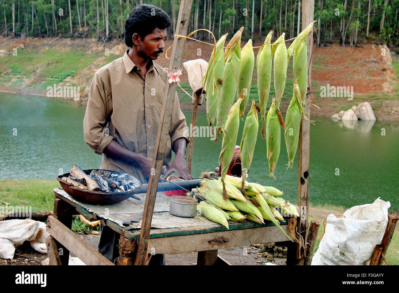 Vendita di mais dolce ; Munnar ; stazione collinare ; Ghat occidentali ; Kerala ; India ; Asia Foto Stock