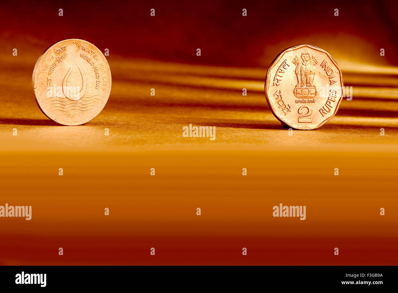 Doppia coppia valuta indiana due rupie medaglia del lato anteriore e del lato posteriore modo acqua di rilievo per la vita Giornata mondiale dell'Alimentazione 1994 Foto Stock