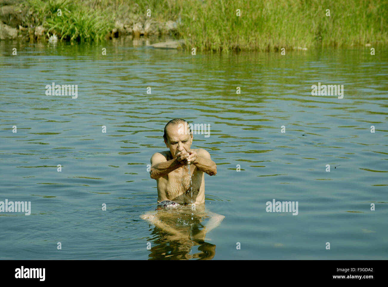 Il vecchio uomo adorare sun in seduta fiume Tansa a Vajreshwari Thane district ; Maharashtra ; India ; Asia MR Foto Stock