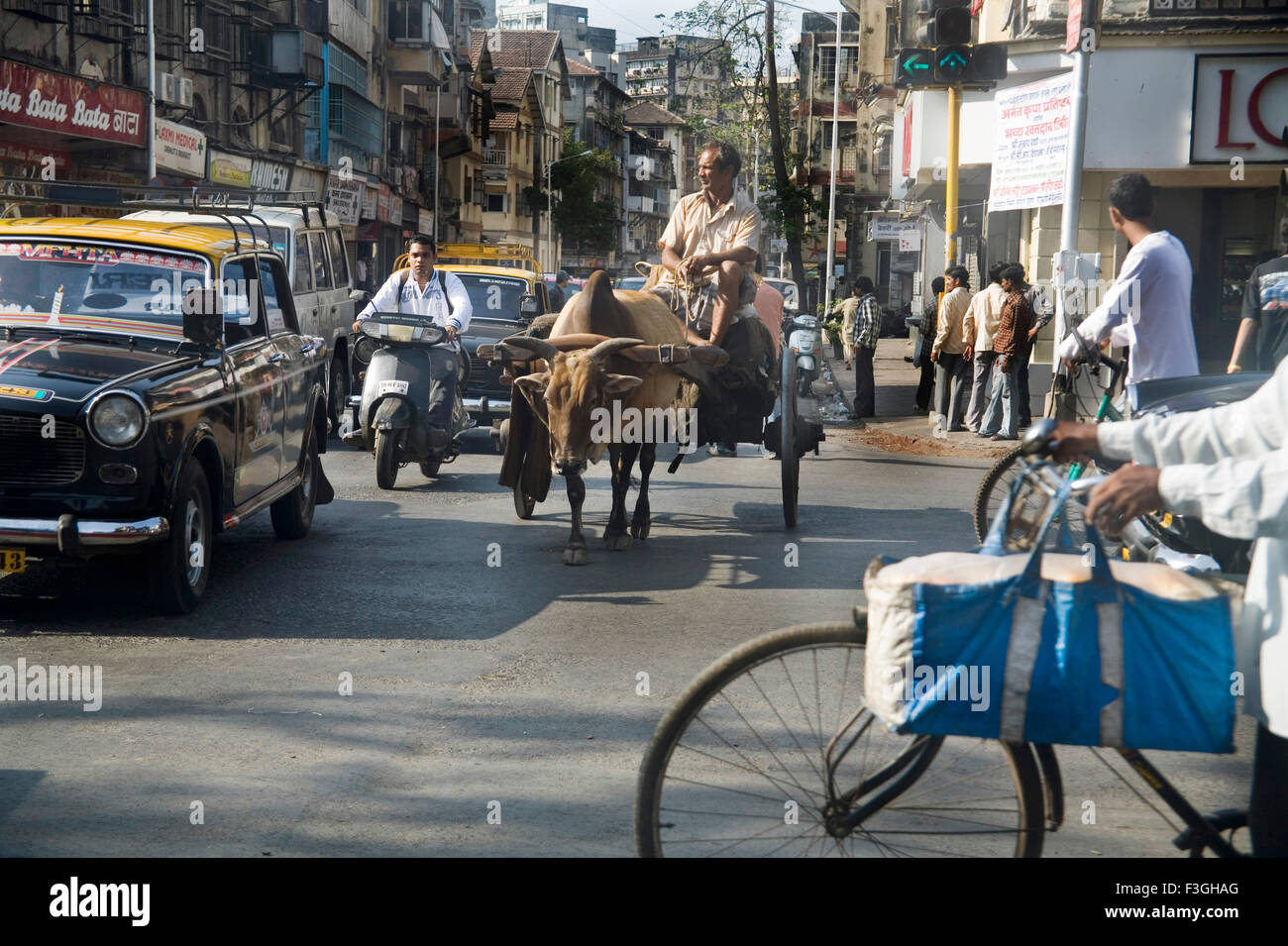 Affollata trafficata strada indiano scena ciclo taxi e carrello di giovenco ; Mumbai Bombay; Maharashtra ; India Foto Stock