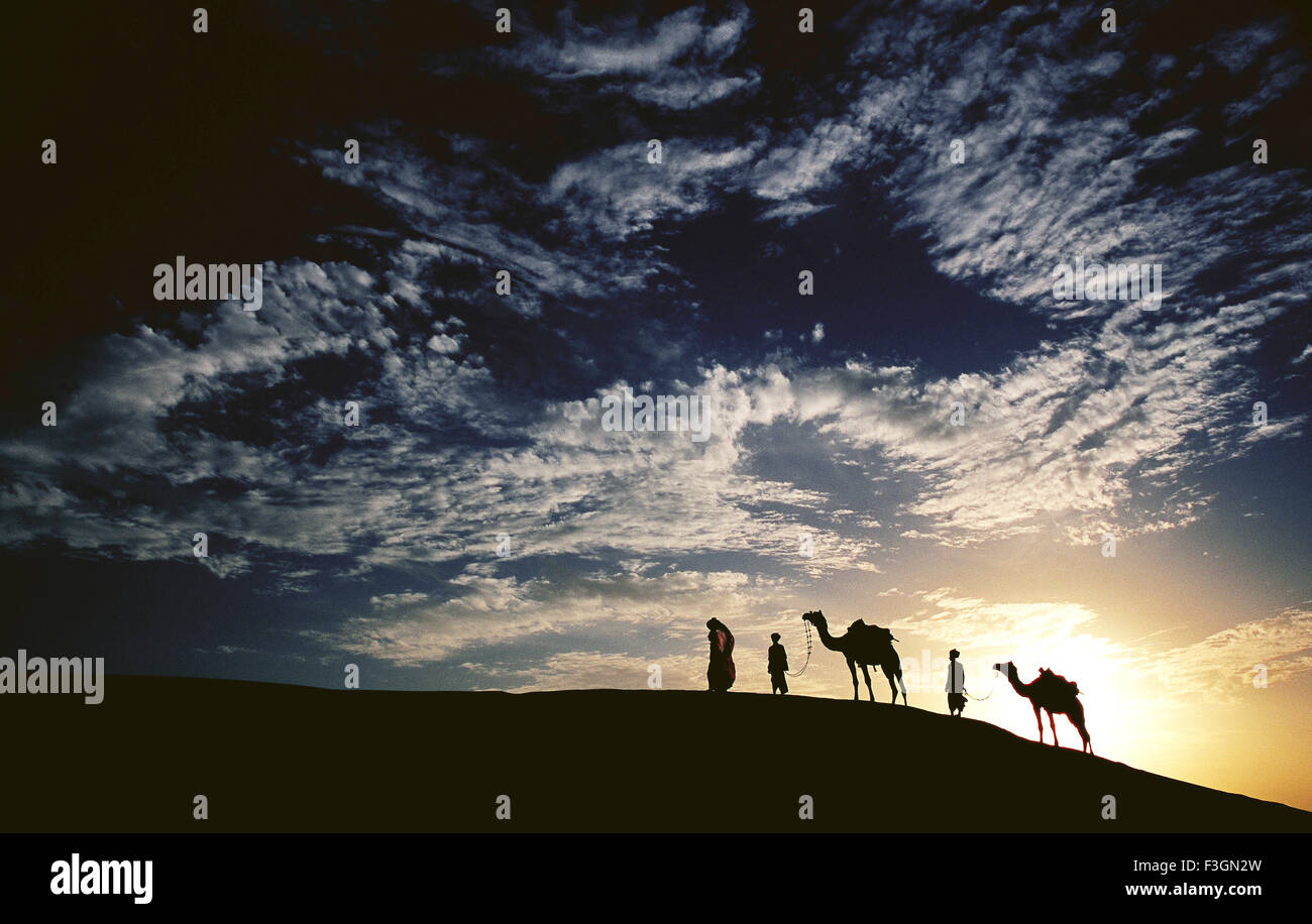 Gli uomini a piedi con i cammelli e le donne che trasportano acqua pentole vista serale di deserto ; Rajasthan ; India Foto Stock