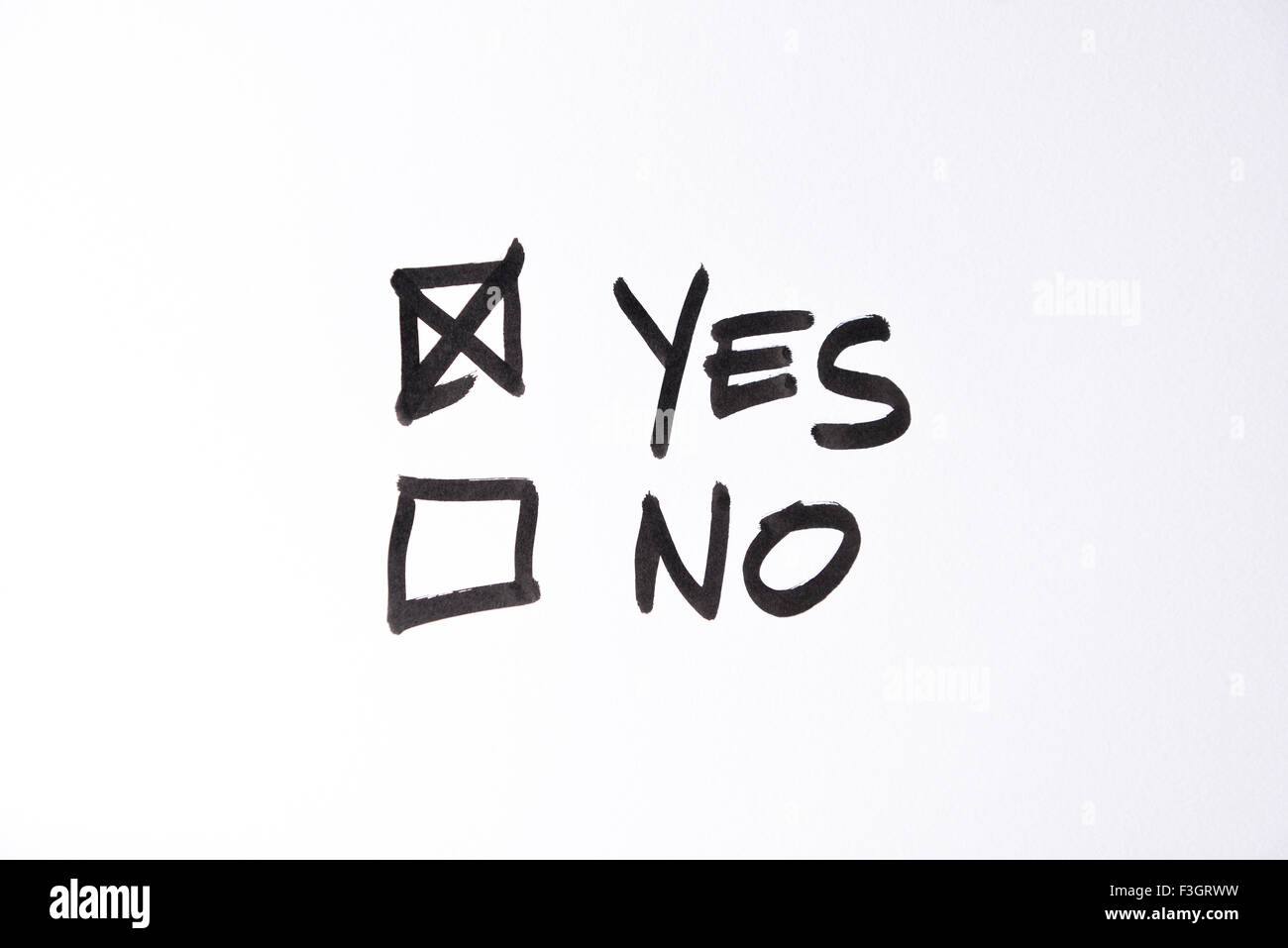 Mano umana disegno sì-no caselle di controllo con inchiostro nero/la grana della carta è chiaramente visibile, sì è selezionata Foto Stock