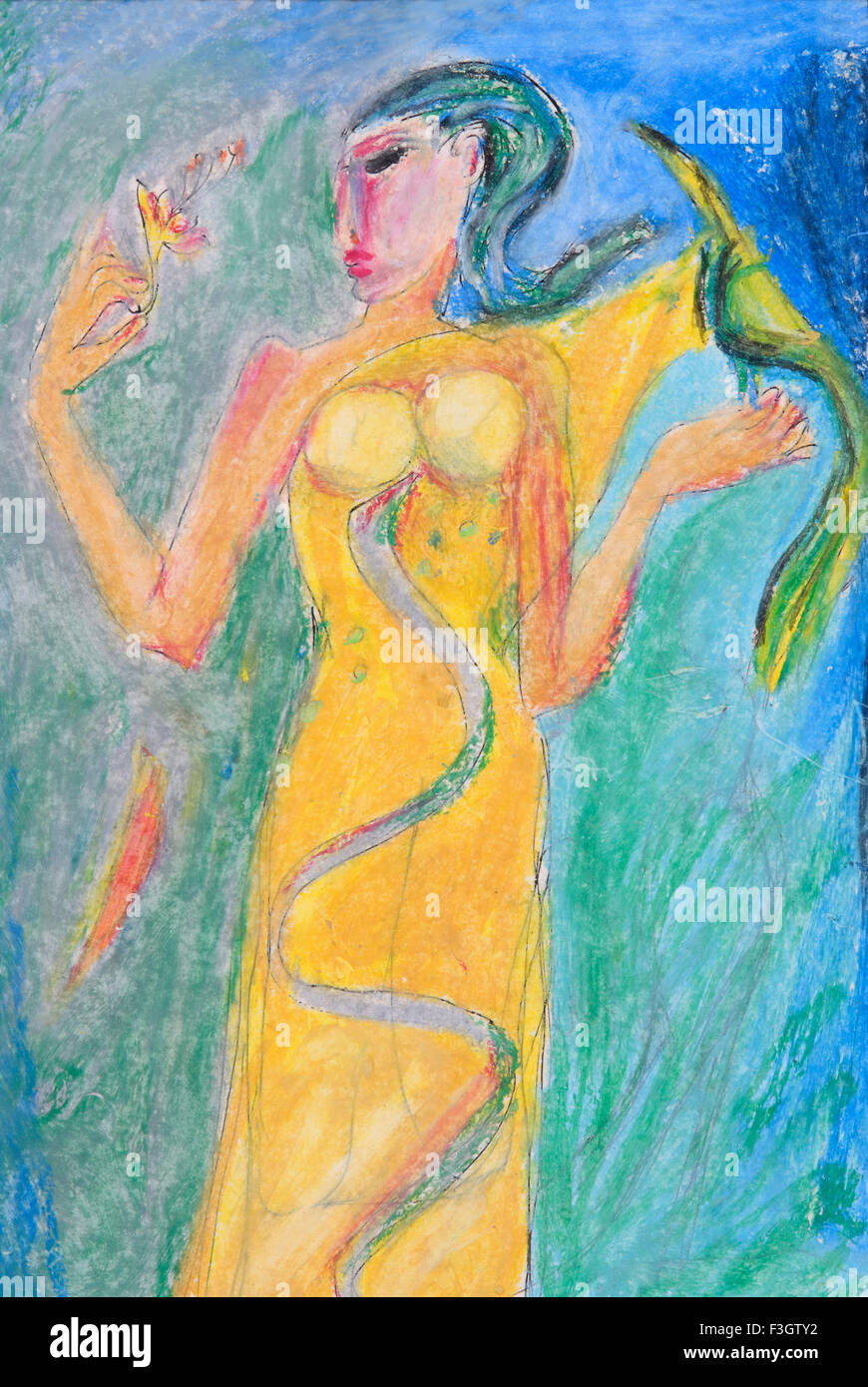 Donna con uccello sulla sua mano e il serpente dipinta su sari fiore nella sua mano pastello olio su carta Foto Stock