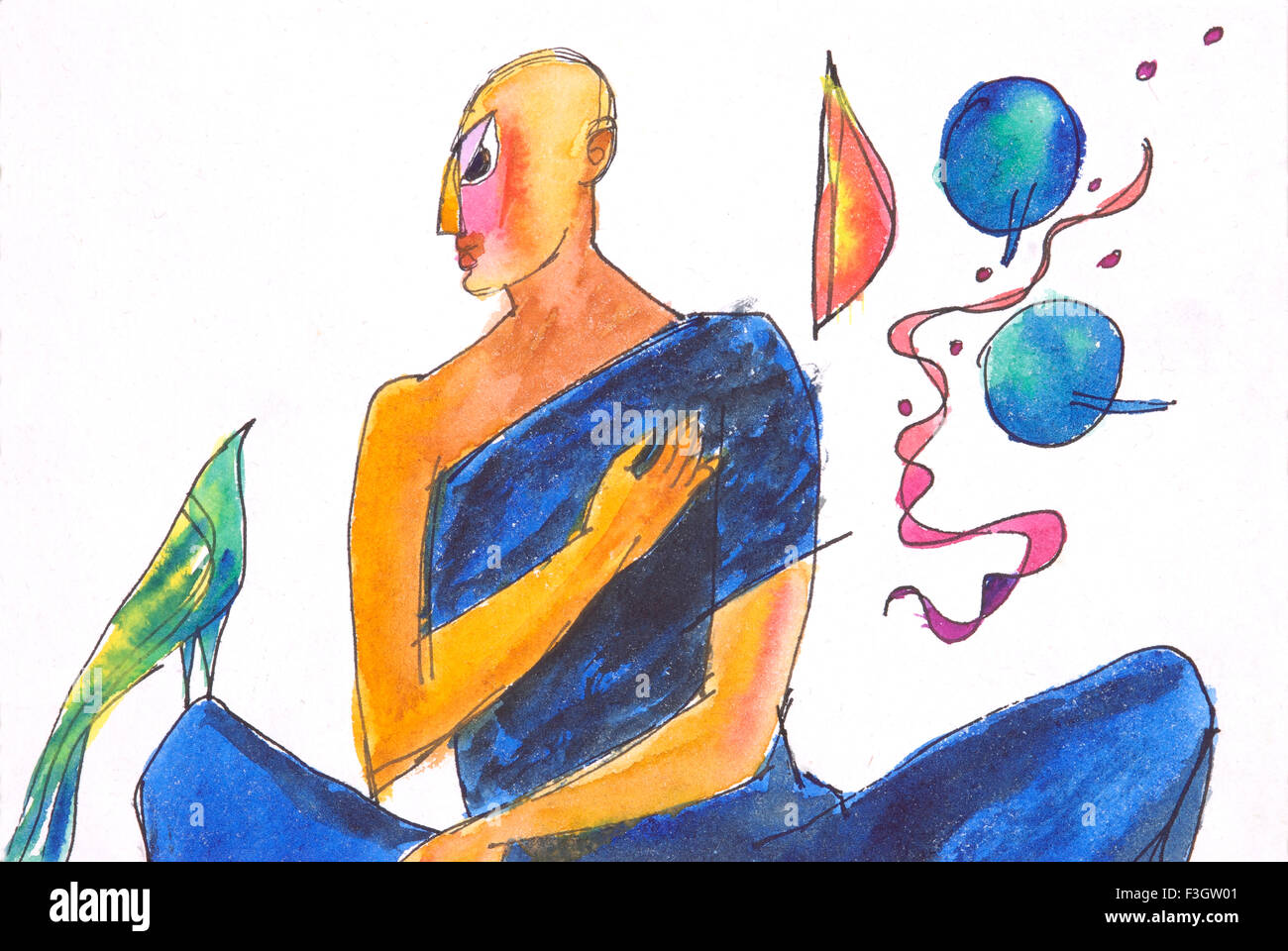 Uomo e bird parlando acquerello su carta Foto Stock
