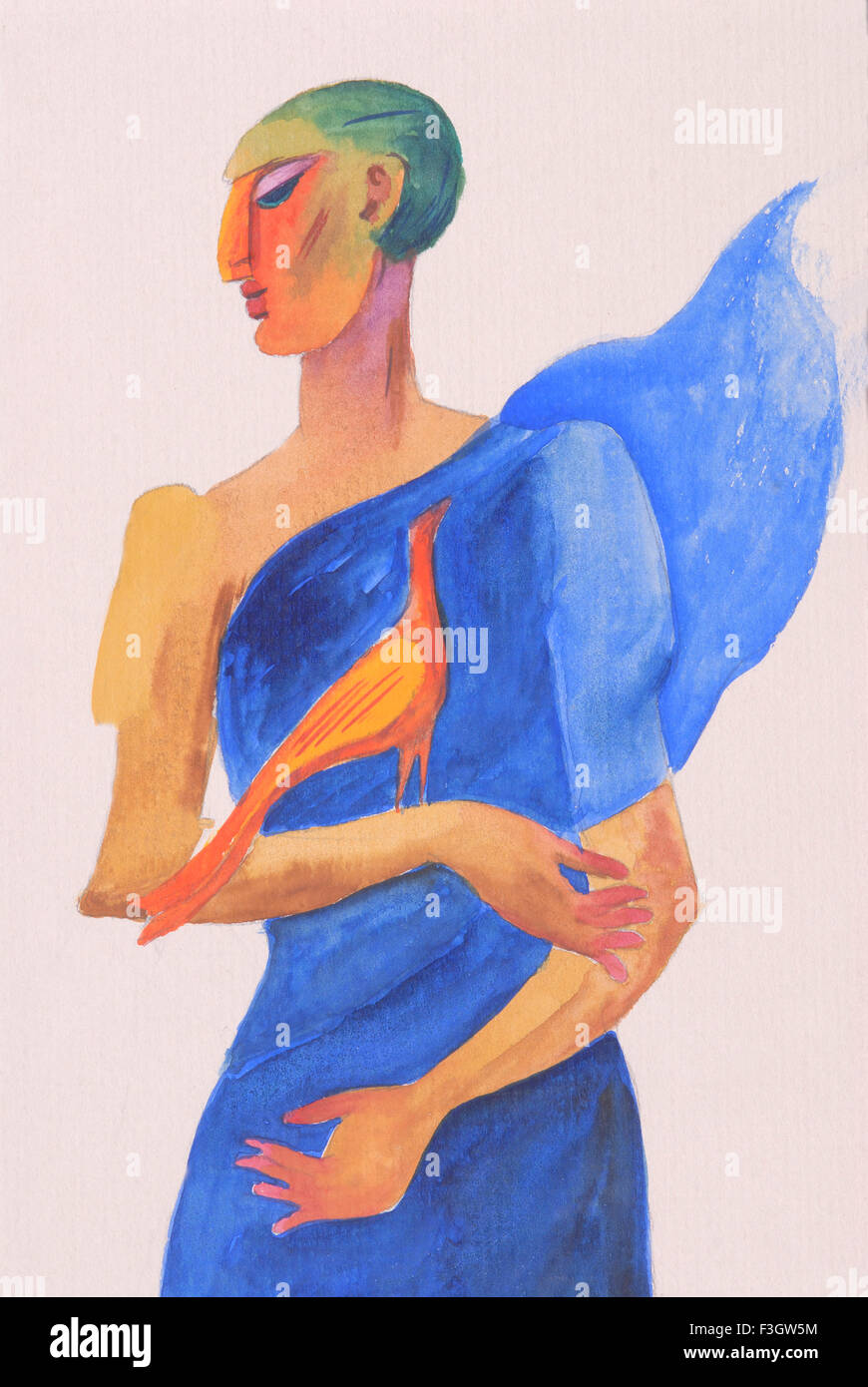 Uomo con bird acquerello su passepartout Foto Stock