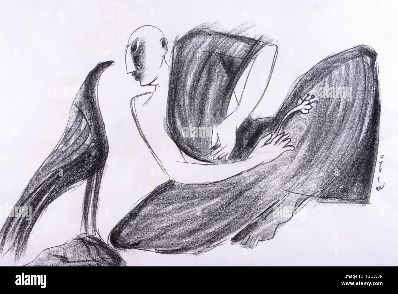 L'uomo spettegolare con crow ; disegno a carboncino su carta Foto Stock