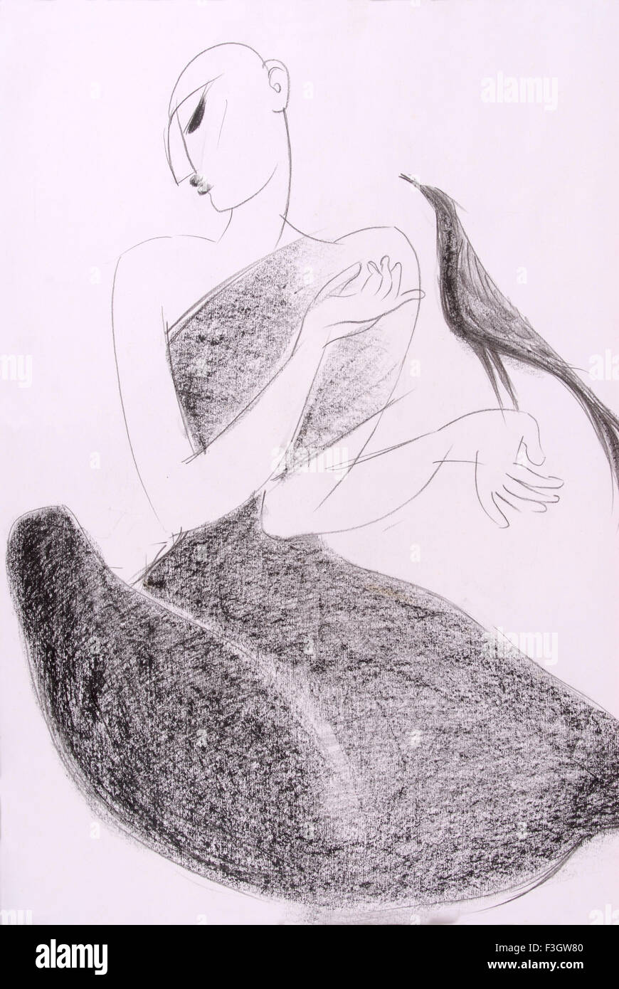 Uomo con disegno di carbone di uccello su carta Foto Stock