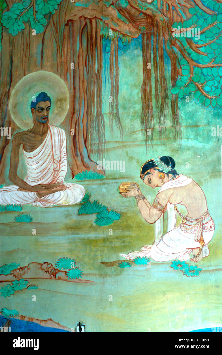 Il Buddha murale di artista giapponese nosui kosetsu all'interno di Mula Gandhaduti Vihara ; Sarnath ; Varanasi ; Uttar Pradesh ; India Foto Stock