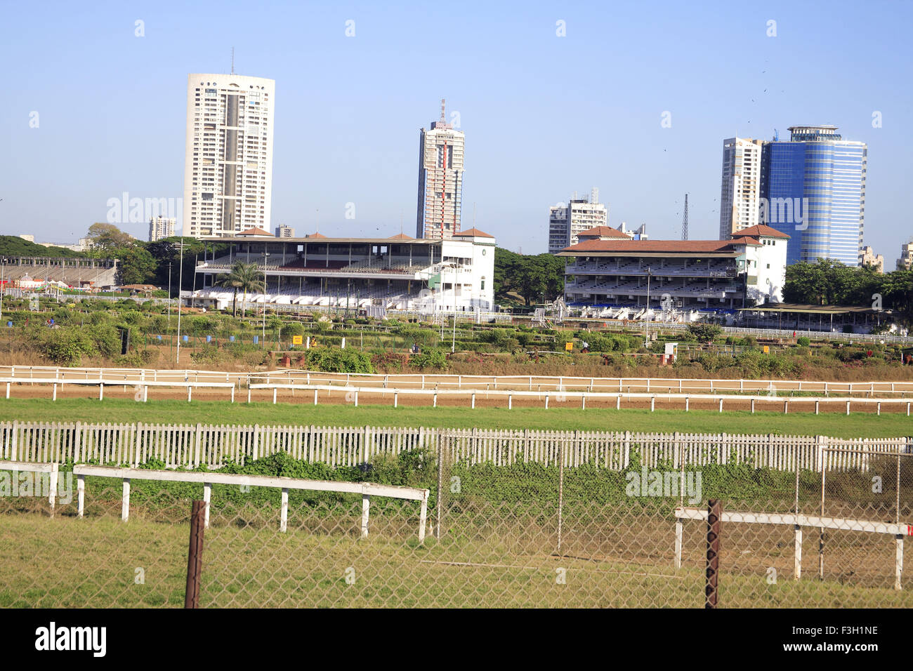 Edificio vicino a cavallo di razza in corso ; Mahalakshmi ; Bombay ora Mumbai ; Maharashtra ; India Foto Stock