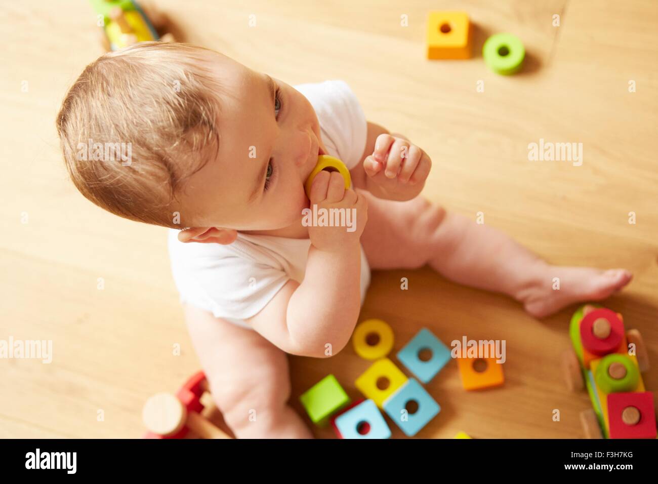Baby boy mordere su blocchi di costruzione Foto Stock