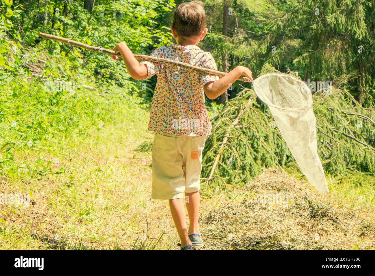 Ragazzo giovane camminare attraverso il campo, portando la pesca net, vista posteriore Foto Stock