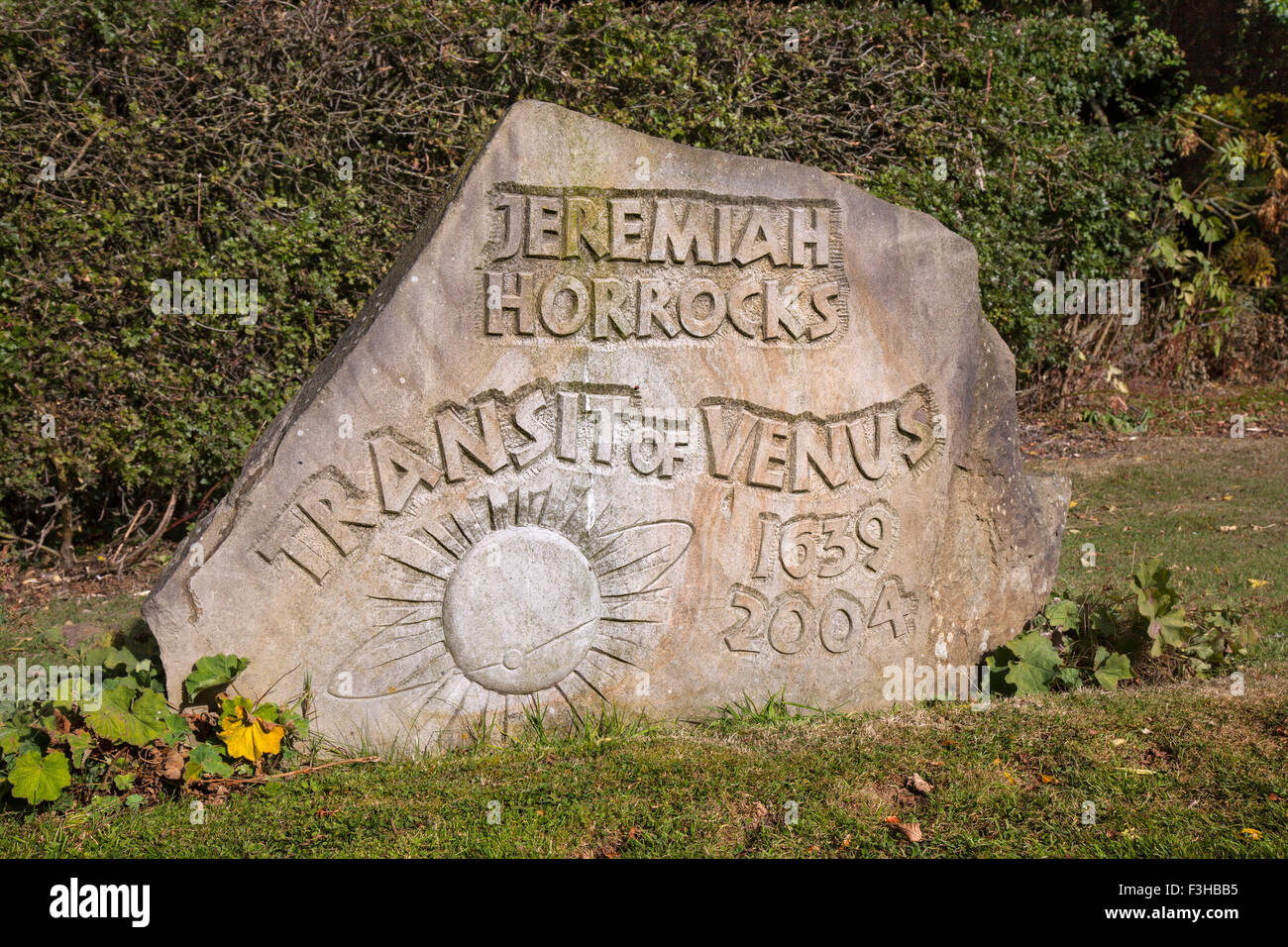 Geremia Horrocks, transito di Venere 1639 -2004 lapide a Chorley, Lancashire. Regno Unito Foto Stock