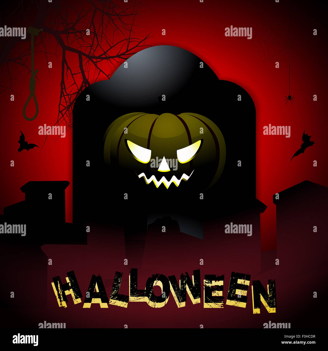 Sfondo di Halloween con zucca lapide e testo Foto Stock