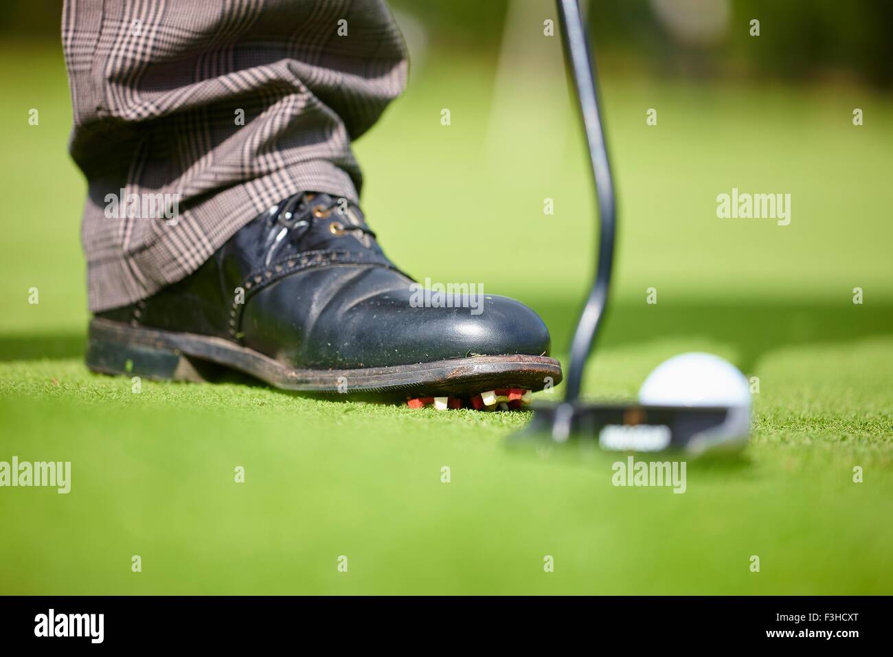 Vista ritagliata di golfisti piedi indossando scarpe da golf e golf club e pallina da golf Foto Stock