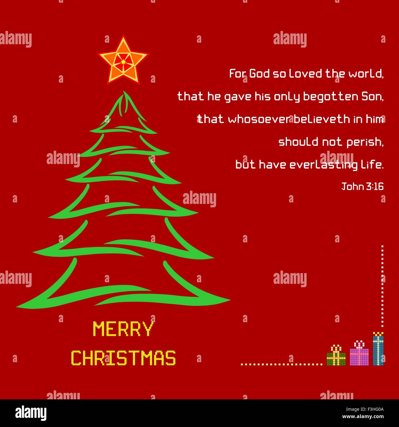 Un saluto di Natale con un tratto di pennello di albero e stella colorata contro uno sfondo di colore rosso. La Bibbia versetto di Giovanni 3:16 viene visualizzato. Illustrazione Vettoriale