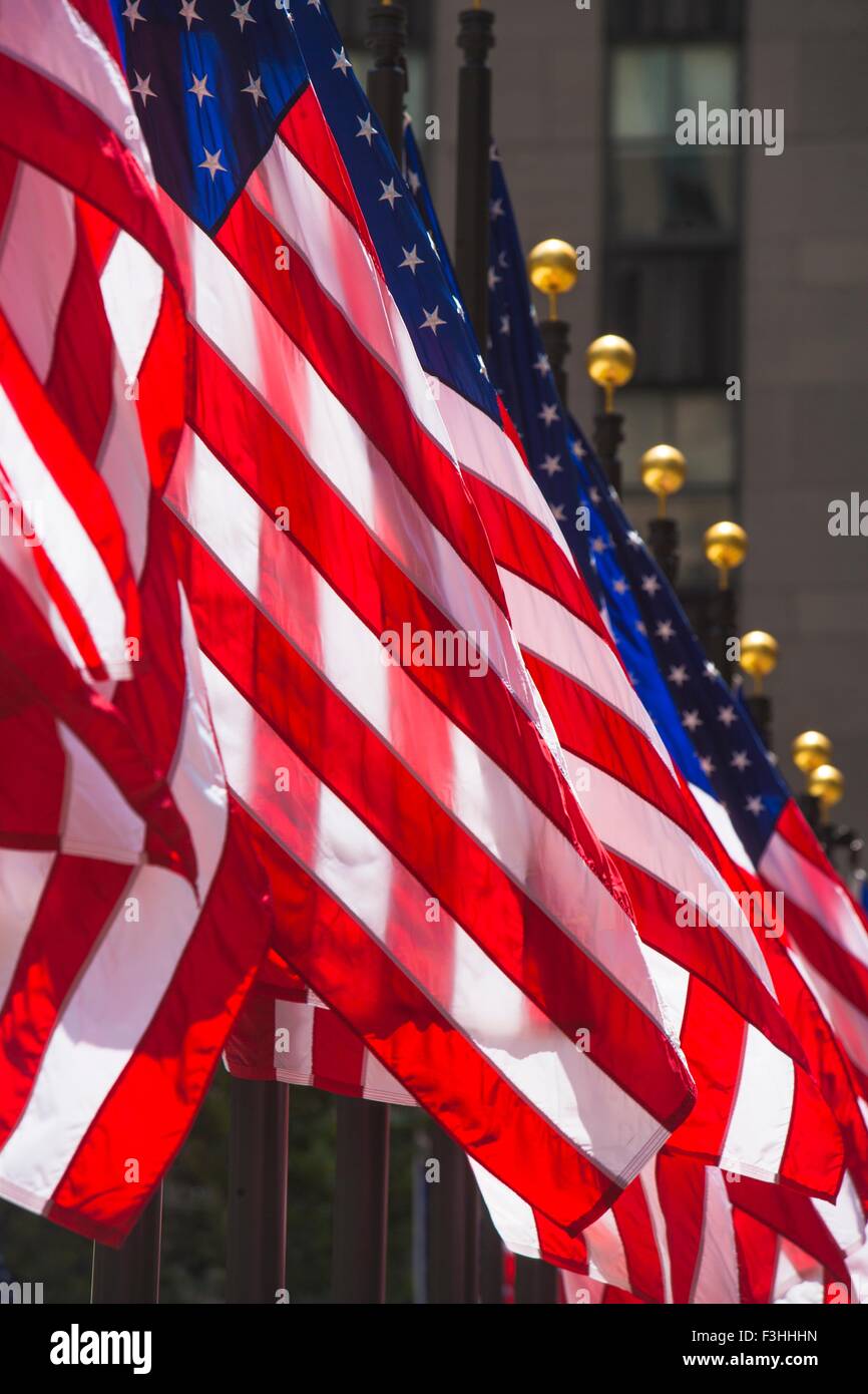 Fila di bandierine americane, close-up, New York, Stati Uniti d'America Foto Stock