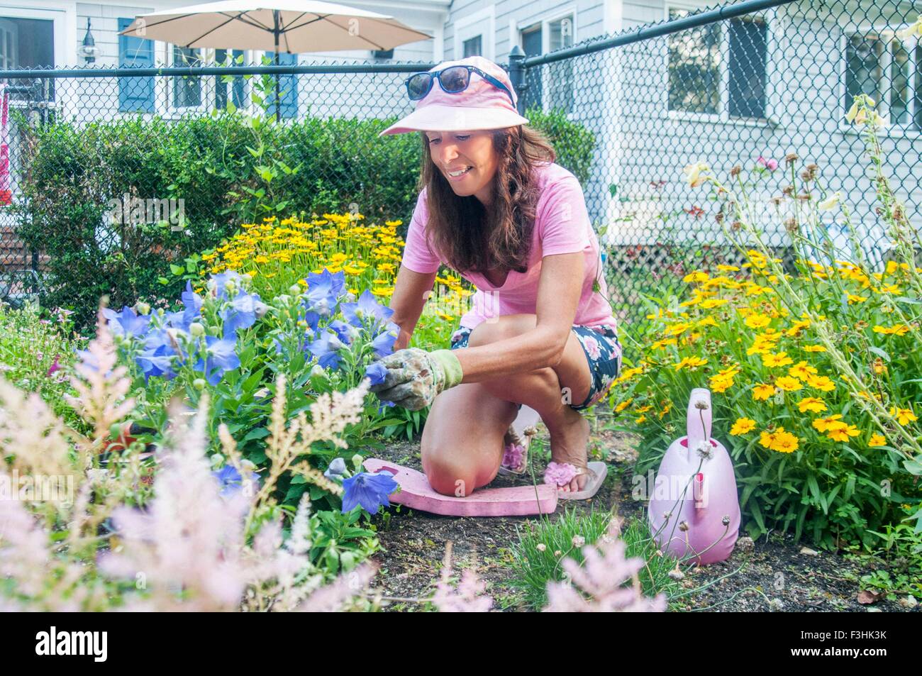 Donna di fiori di potatura in giardino Foto Stock
