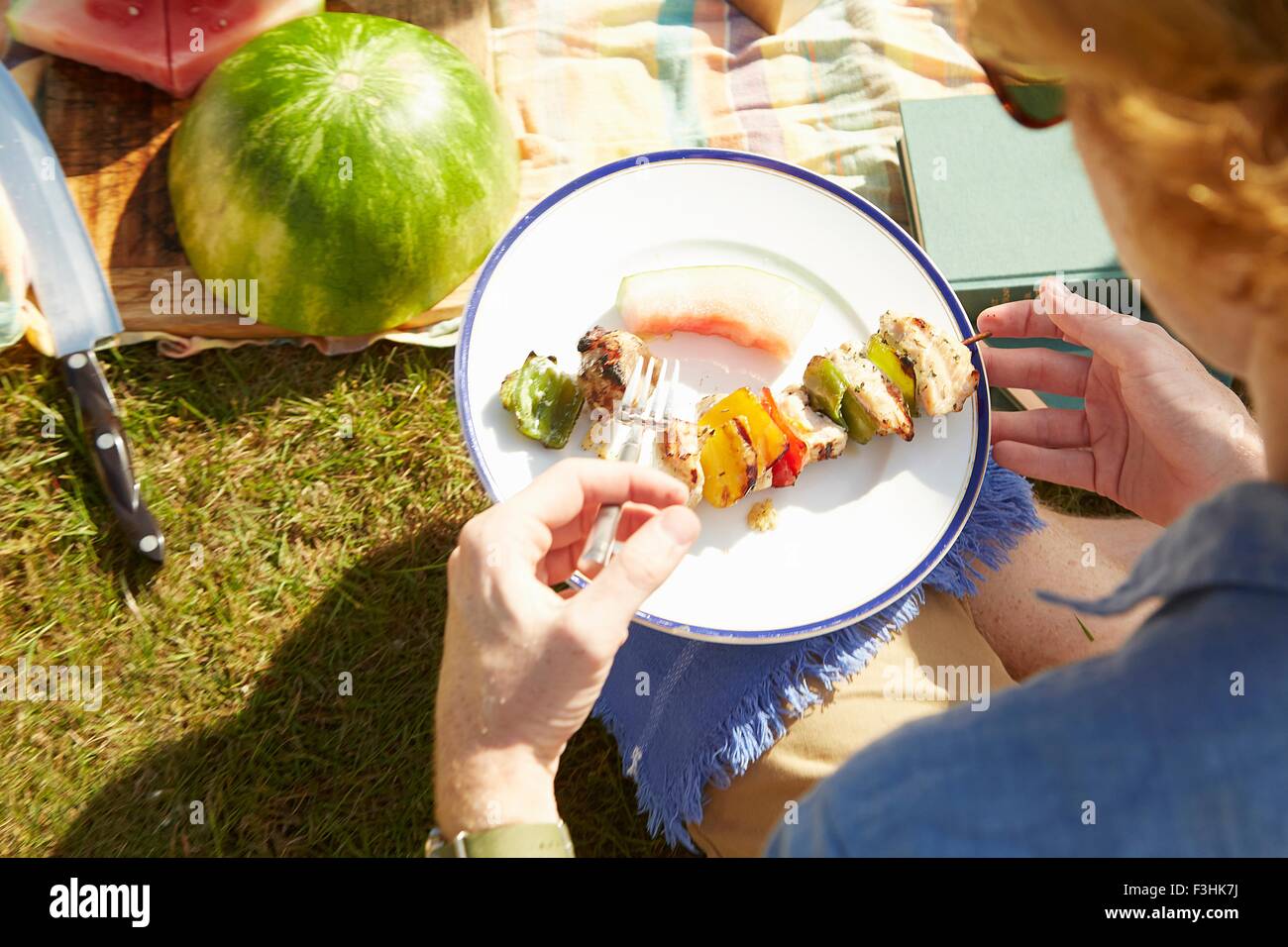 L'uomo con la piastra di kebab al partito per picnic Foto Stock