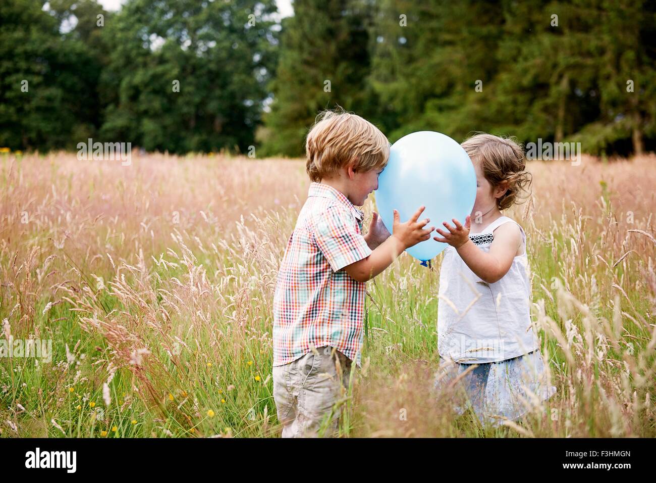 Fratello e Sorella in erba alta faccia a faccia suonare con palloncino Foto Stock