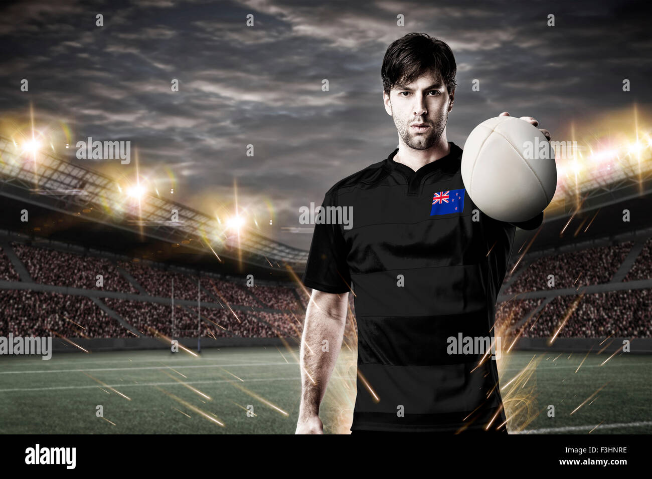 Nuovo Zealander giocatore di rugby, indossando un bianco unifrme in uno stadio. Foto Stock