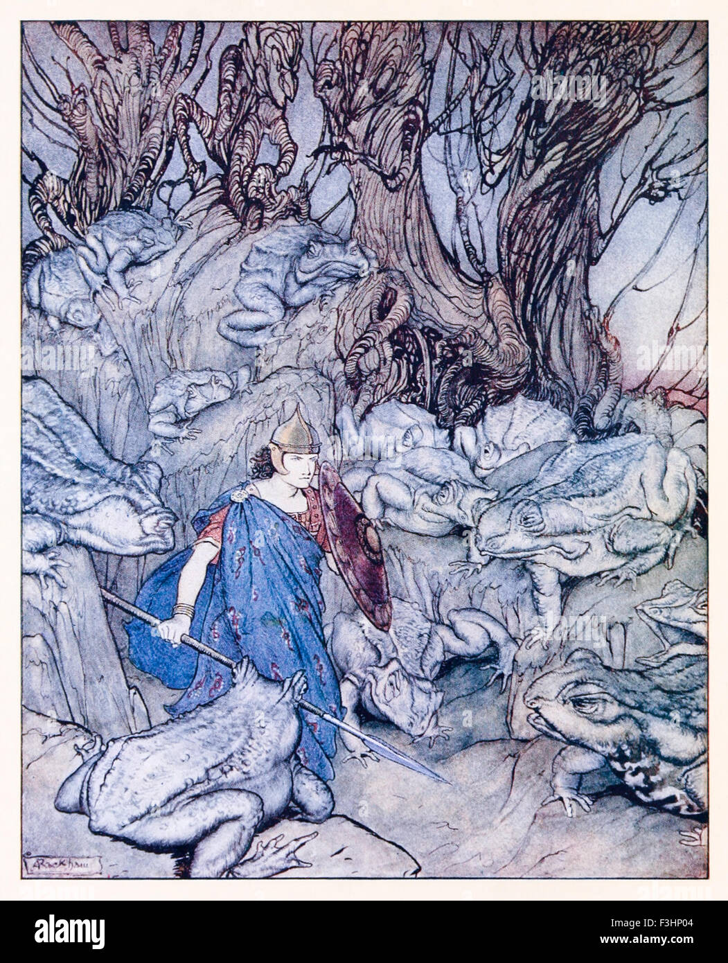 Frontespizio; '[Art] In una forcella glen nel quale è infilata la notte-caduta egli era circondato da giganti rospi.' da 'Becuma della pelle bianca" di "Irish Favole", illustrazione di Arthur Rackham (1867-1939). Vedere la descrizione per maggiori informazioni. Foto Stock