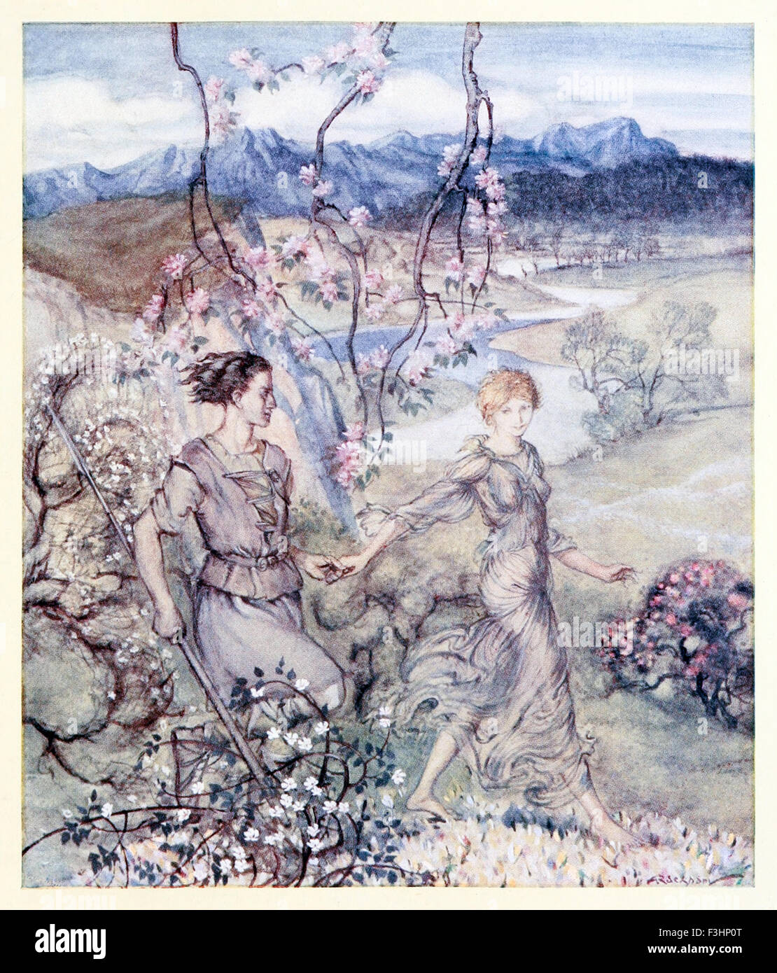 Allora essi [Iollan e Tuiren] è andato mano nella mano nel paese che profuma di apple-fiore e miele.' da 'La nascita di crusca nell'" Irish Favole", illustrazione di Arthur Rackham (1867-1939). Vedere la descrizione per maggiori informazioni. Foto Stock