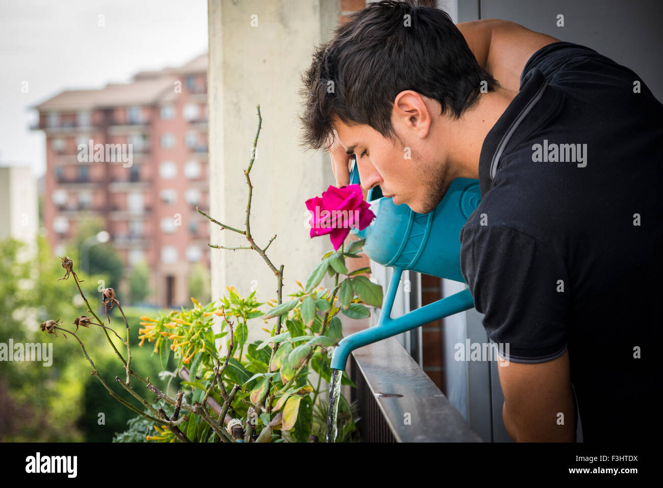 Attraente giovane uomo su Appartamento balcone Impianti di irrigazione nella casella dal blu Annaffiatoio sulla giornata di sole con il campo in background Foto Stock