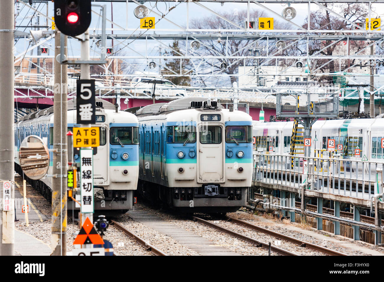 Giappone, Matsumoto, Japanese Railway, due E115 tipo serie treni pendolari parcheggiato nel sciavero vicino alla stazione principale. Vista del teleobiettivo. Foto Stock