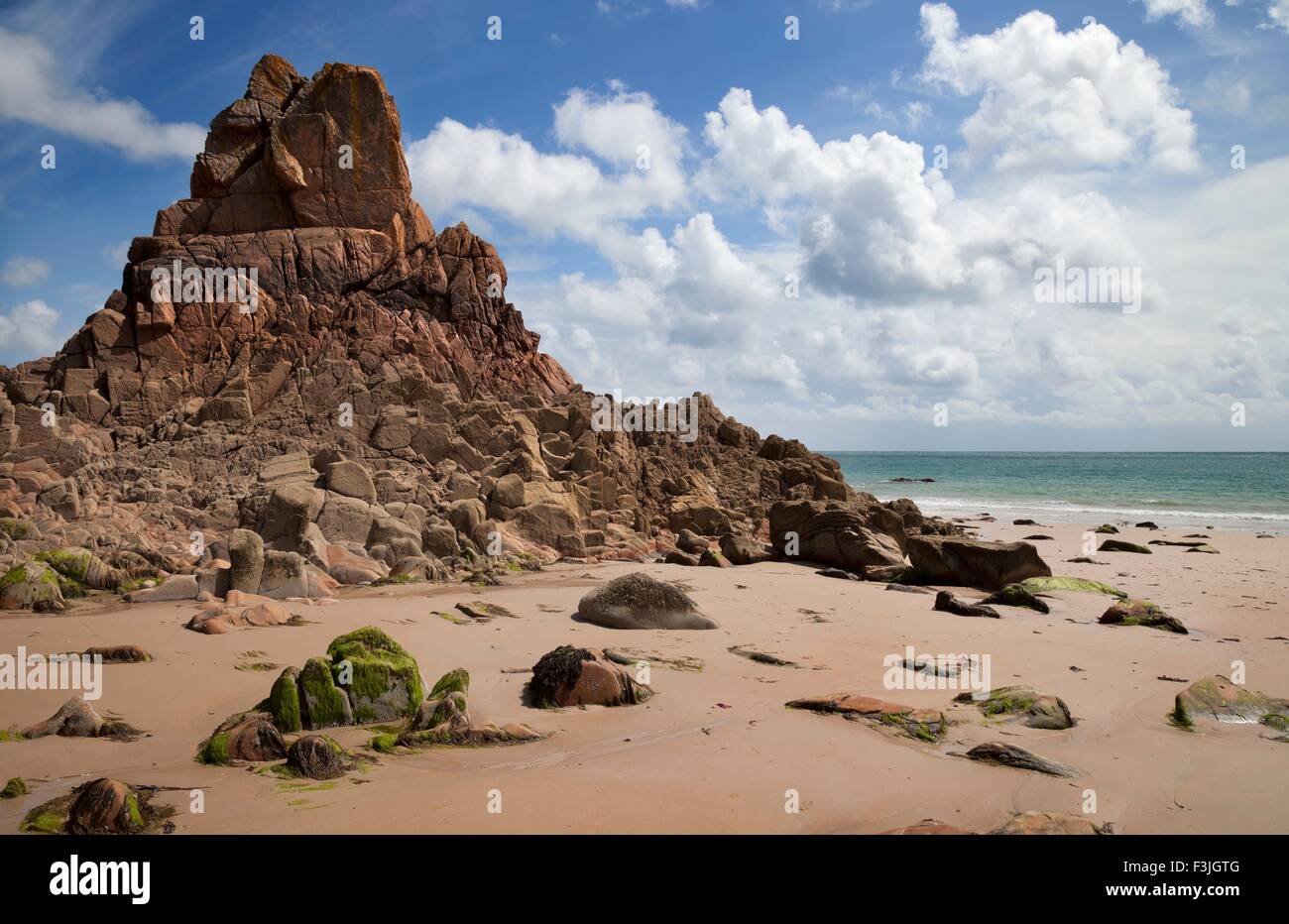 Le insolite formazioni rocciose a Beauport Bay, Jersey, Isole del Canale, Gran Bretagna Foto Stock